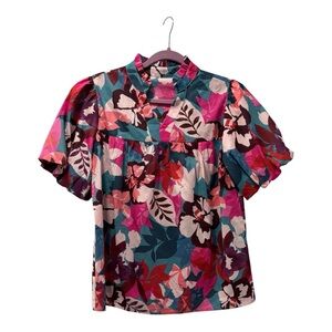 NWOT Floral Pink and Blue Multi Colored Medium Balloon Sleeve Blouse